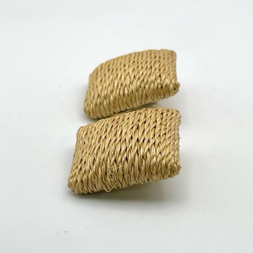 Rustic Jute Square Clip Earrings Statement Boho Vibe Neutral - Picture 10 of 16